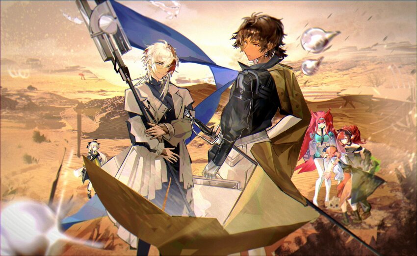 2boys 4girls arknights bare_shoulders black_jacket blue_eyes blurry blurry_foreground brown_eyes brown_hair cape character_request cloud coat commentary_request dark-skinned_male dark_skin desert dress earrings elysium_(arknights) high_collar highres hill holding holding_weapon jacket jewelry leaning_forward long_hair looking_at_viewer multicolored_hair multiple_boys multiple_girls outdoors pink_hair ray_(arknights) ray_(dreaming_high)_(arknights) red_hair short_hair sky smile standing streaked_hair sword thorns_(arknights) thorns_the_lodestar_(arknights) two_side_up very_long_hair weapon white_coat white_hair you_zhiqi_de