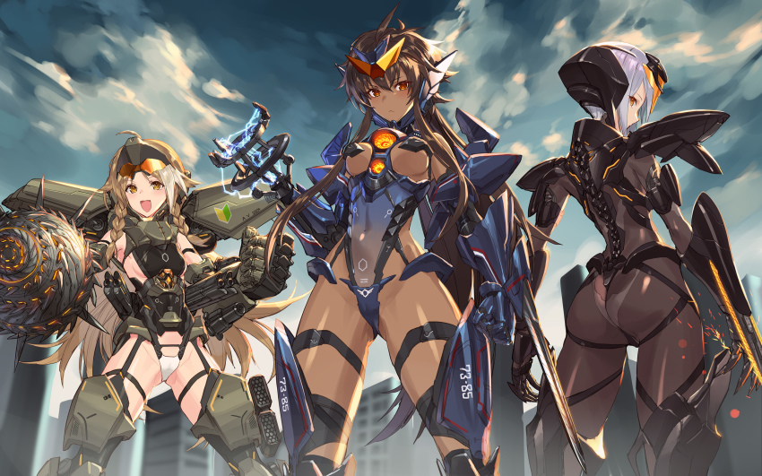 3girls :d arm_blade arm_cannon armor ass ball_and_chain_(weapon) bodysuit bracer_phoenix braid breasts brown_eyes brown_hair cannon chain_sword chain_sword_2.0 chainsaw chest_cannon covered_navel cyborg dark-skinned_female dark_skin day directed-energy_weapon dual_vortex_turbine electricity electrokinesis energy energy_blade energy_cannon energy_gun energy_sword energy_weapon flail from_behind from_below garter_straps gauntlets gipsy_avenger glowing glowing_sword glowing_weapon gluteal_fold greaves headgear highres jaeger_(pacific_rim) legendary_pictures leotard long_hair looking_back low_ponytail m-19_morning_star medium_breasts missile_launcher missile_pod multicolored_hair multiple_girls obsidian_fury open_mouth orange_eyes outdoors pacific_rim pacific_rim_uprising pan_pacific_defense_corps personification plasma plasma_cannon plasma_chainsaw plasma_gun plasmacaster_2.0 ponytail profile rocket_launcher rocket_pod short_hair shoshinsha_mark sidelocks sigm@ silver_hair sky smile spikes streaked_hair sword thigh_strap thighhighs twin_braids underboob very_long_hair visor weapon