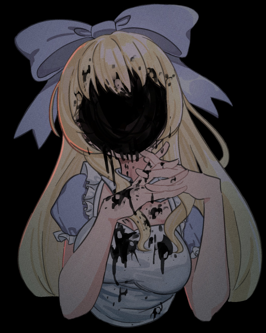 1girl alice_(black_souls) apron black_background black_liquid black_souls black_souls_2 blonde_hair blue_bow blue_dress bow breasts cleavage covered_face dress facing_viewer hair_bow hands_up highres hollow_body long_hair medium_breasts otaichiichi puffy_short_sleeves puffy_sleeves short_sleeves sidelocks simple_background solo spoilers white_apron