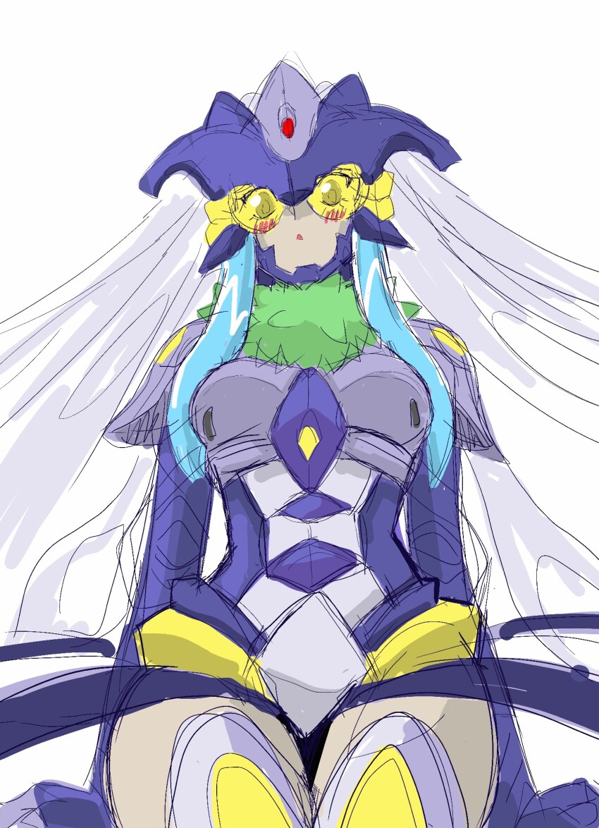 1girl armor armored_boots blue_eyes blush blushing_female boots breasts bug butterfly butterfly_wings crossed_legs digimon digimon_(creature) fur_collar gloves helmet highres hudiemon insect insect_wings leotard long_hair looking_at_viewer looking_down medium_breasts open_mouth ph6xeivbgpimggg shoulder_armor skirt tinted_eyewear wings yellow-tinted_eyewear