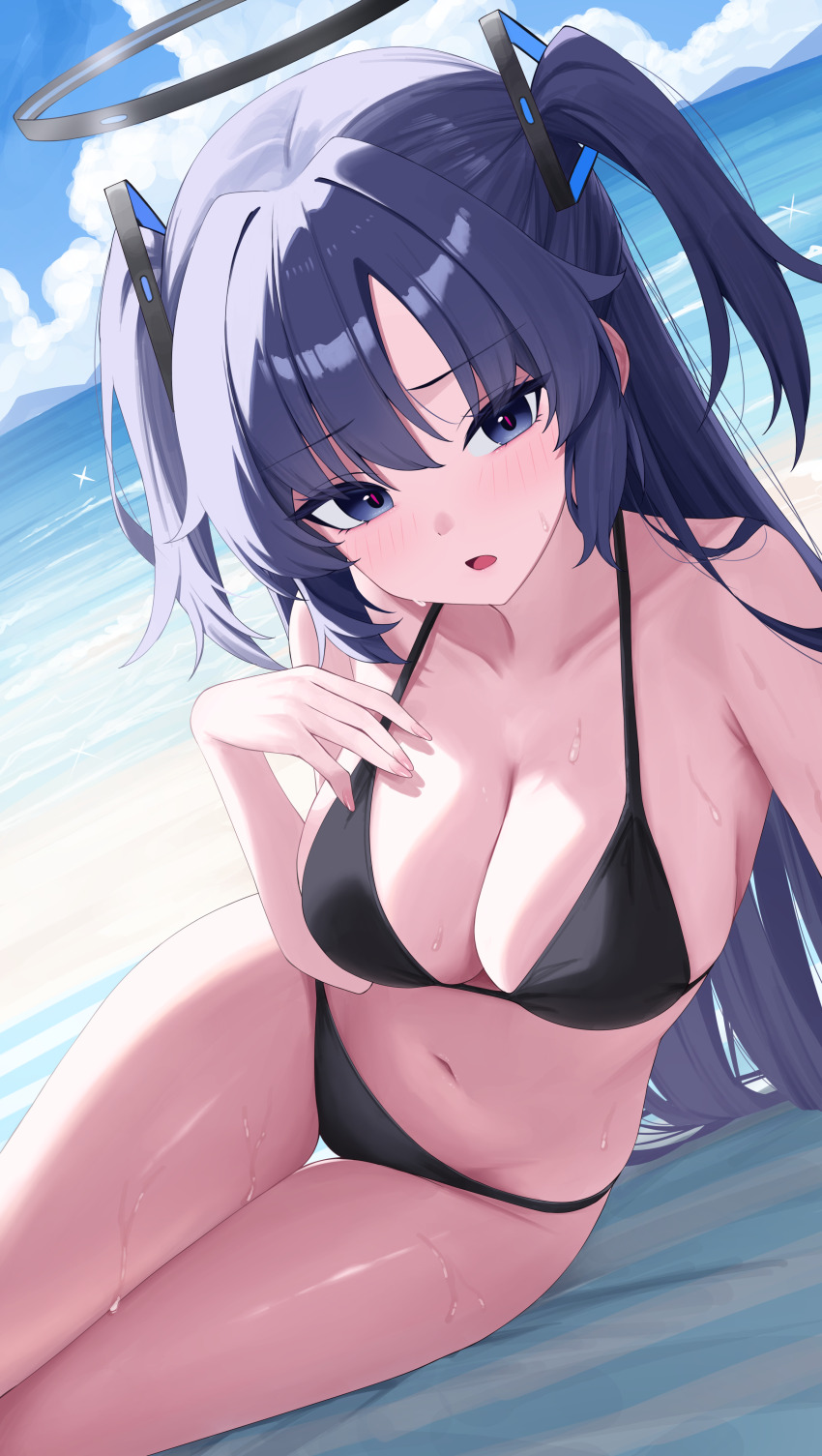 1girl absurdres armpit_crease bare_shoulders beach beach_mat bikini black_bikini black_halo blue_archive blue_eyes blue_sky blush breasts cleavage cloud collarbone commentary day dutch_angle hair_between_eyes hair_ornament halo hand_on_own_chest hand_up highres large_breasts long_hair looking_at_viewer lying mechanical_halo mountainous_horizon navel ocean on_ground on_side open_mouth outdoors purple_hair red_pupils sei_(0724sei6) sidelocks sky solo stomach sunlight swimsuit thighs triangle_hair_ornament two_side_up very_long_hair wet yuuka_(blue_archive)