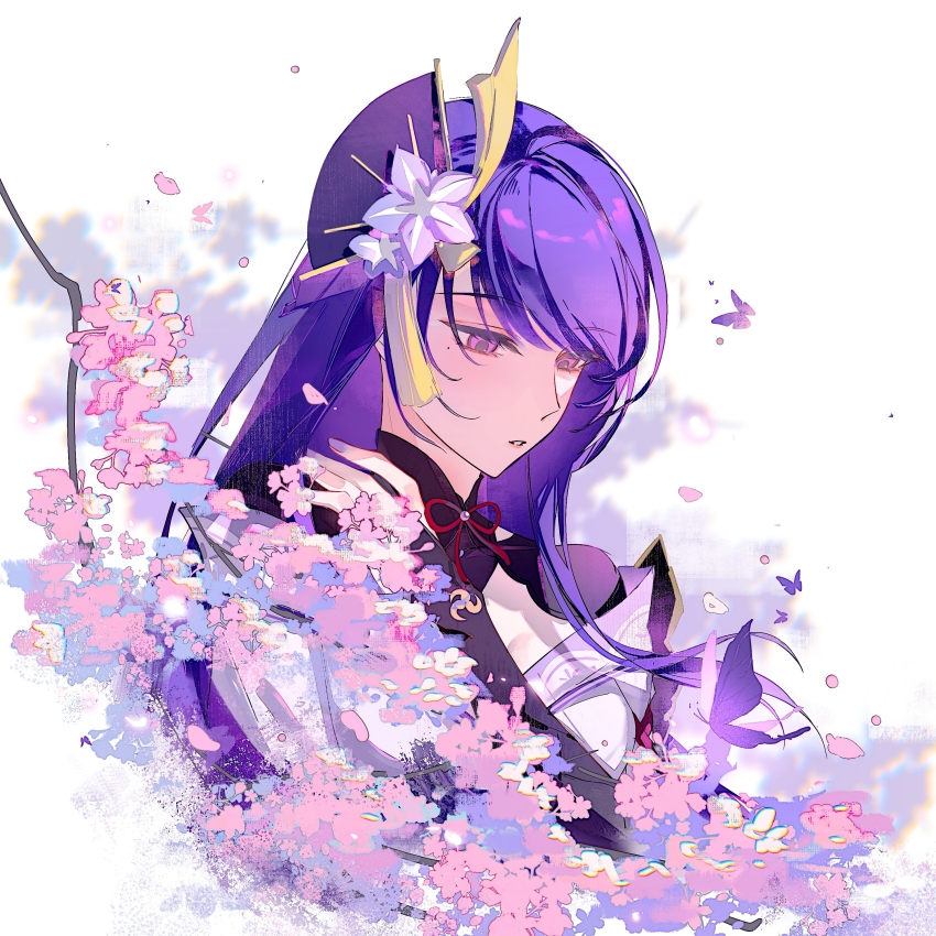 1girl absurdres armor blunt_bangs branch bridal_gauntlets cherry_blossoms chinese_commentary clothing_cutout fan_hair_ornament flower_ornament genshin_impact hair_ornament highres japanese_clothes kimono long_hair looking_down looking_to_the_side mitsudomoe_(shape) mole mole_under_eye neck_ribbon off_shoulder parted_lips purple_eyes purple_hair purple_kimono raiden_shogun red_ribbon ribbon shade shoulder_armor shoulder_cutout solo tomoe_(symbol) upper_body white_background xinjinjumin809203425022