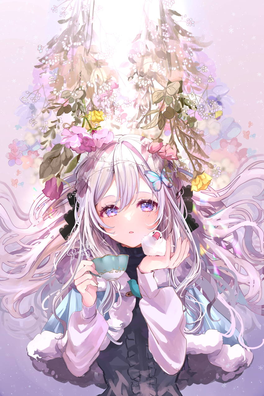 1girl absurdres animal bird black_shirt blue_capelet blue_flower capelet center_frills commentary cup floating_hair flower frills fur-trimmed_capelet fur_trim grey_hair hair_between_eyes hands_up highres holding holding_animal holding_cup java_sparrow long_hair long_sleeves looking_at_viewer original pink_flower puffy_long_sleeves puffy_sleeves puracotte purple_eyes red_flower shirt signature sleeves_past_wrists solo teacup upper_body very_long_hair white_java_sparrow yellow_flower