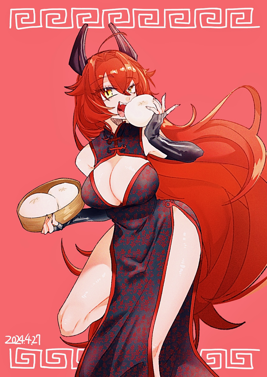 1girl :d bamboo_steamer steamed_bun bibie307 black_gloves breasts china_dress chinese_clothes cleavage dress elbow_gloves fingerless_gloves food gloves goddess_of_victory:_nikke hair_between_eyes highres horns long_hair looking_at_viewer open_mouth red_hair red_hood_(nikke) smile solo teeth very_long_hair yellow_eyes