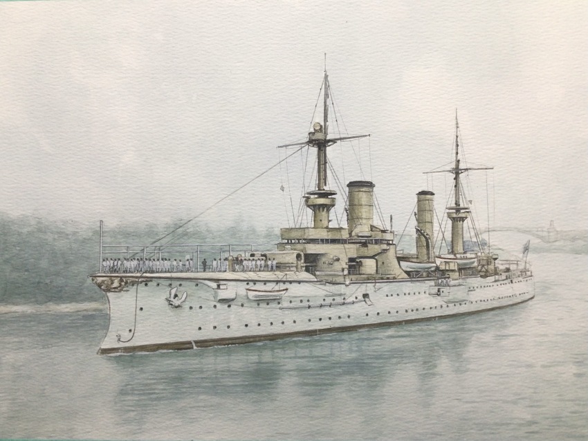 atelier_bono bridge canal cannon cruiser fog highres imperial_german_navy kiel_canal mast military_vehicle original painting_(medium) ship ship_turret smokestack sms_furst_bismarck traditional_media vehicle_focus warship watercolor_(medium) watercraft