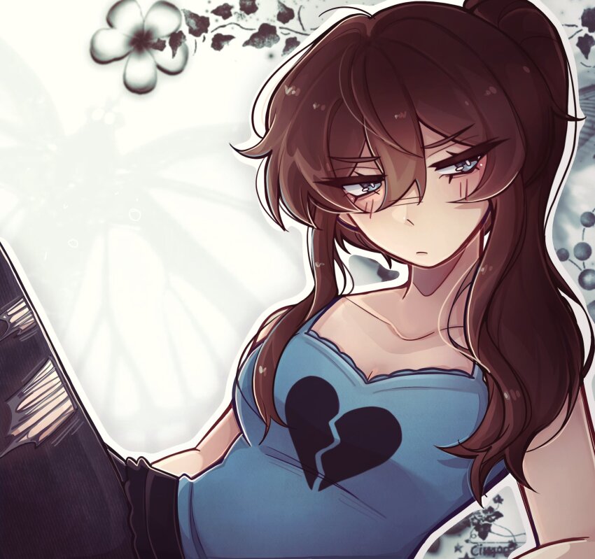 1girl aegyo_sal black_pants blue_eyes blue_tank_top breasts bright_pupils broken_heart_print brown_hair class_of_09 commentary english_commentary flower high_ponytail highres jitome long_hair nicole_(class_of_09) outline pants ponytail sitting solo tank_top thelemondrink torn_clothes torn_pants white_outline white_pupils