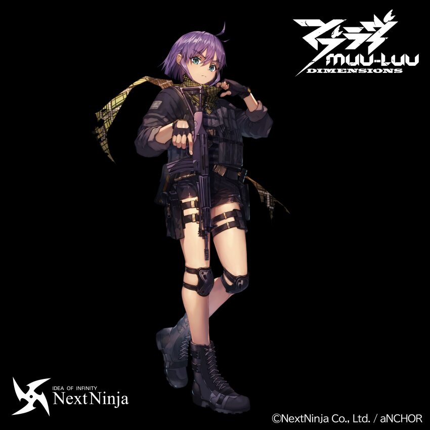 1girl absurdres assault_rifle black_footwear black_jacket black_shorts company_name copyright_name fingerless_gloves gloves green_eyes gun highres holding holding_gun holding_weapon jacket kamiyo_tatsumi knee_pads looking_at_viewer muv-luv muv-luv:_dimensions muv-luv_alternative nakanishi_tatsuya official_art purple_hair rifle scarf short_hair shorts solo weapon yellow_scarf
