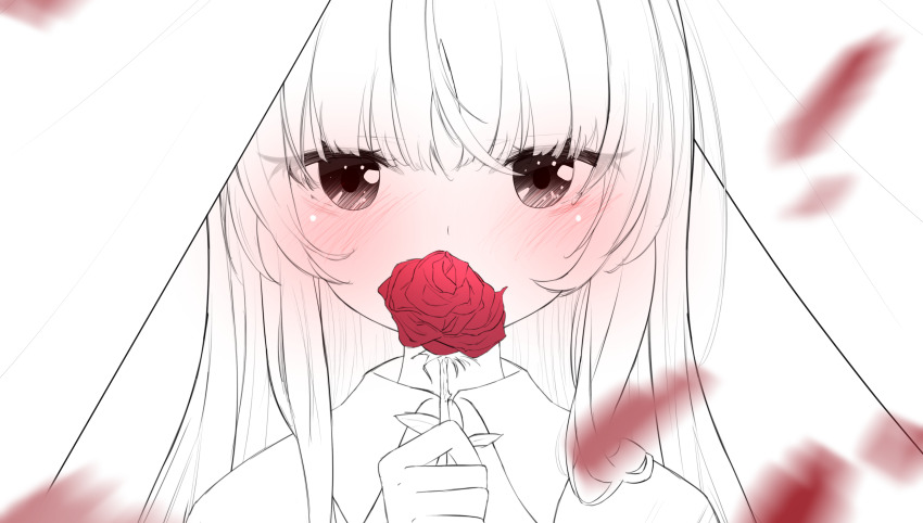 1girl absurdres blunt_bangs collared_shirt covering_own_mouth flower highres holding ib_(ib) ib_(kouri) long_hair looking_at_viewer pan_(pixiv41343614) rose shirt sidelocks sketch solo