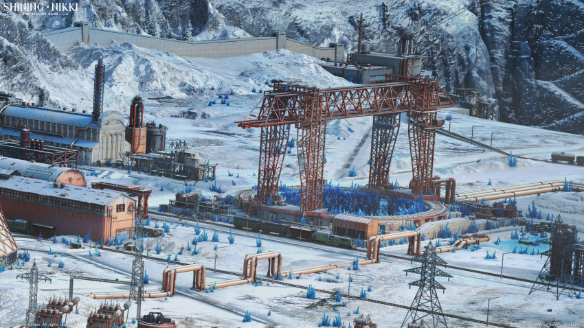 3d arsenixc building copyright_name factory highres industrial mountain nikki_(series) no_humans official_art outdoors railroad_tracks scenery shining_nikki snow transmission_tower wall winter