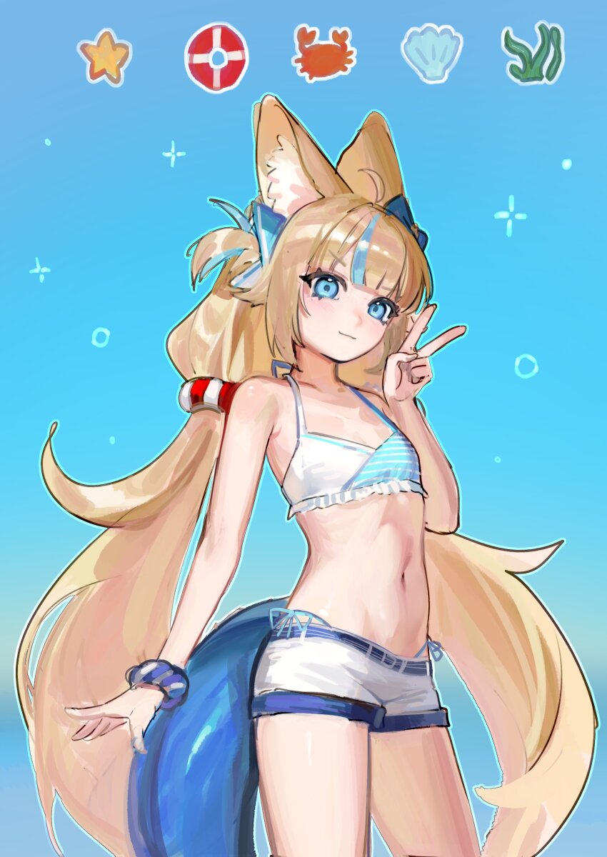 1girl absurdres ahoge algae animal_ear_fluff animal_ears bare_arms bikini blonde_hair blue_background blue_bikini blue_eyes blue_hair bow cat_ears circle commentary cowboy_shot crab english_commentary fins fish_girl fish_tail gradient_background hair_bow hand_up head_tilt highleg highleg_bikini highres indie_virtual_youtuber lifebuoy lifebuoy_hair_ornament light_smile long_hair looking_at_viewer low_twintails mae_algae multicolored_hair navel one_side_up outline outstretched_hand sameko_saba seashell shell short_shorts shorts solo sparkle star_(symbol) streaked_hair striped_bikini striped_clothes swim_ring swimsuit tail twintails v very_long_hair virtual_youtuber white_bikini white_shorts