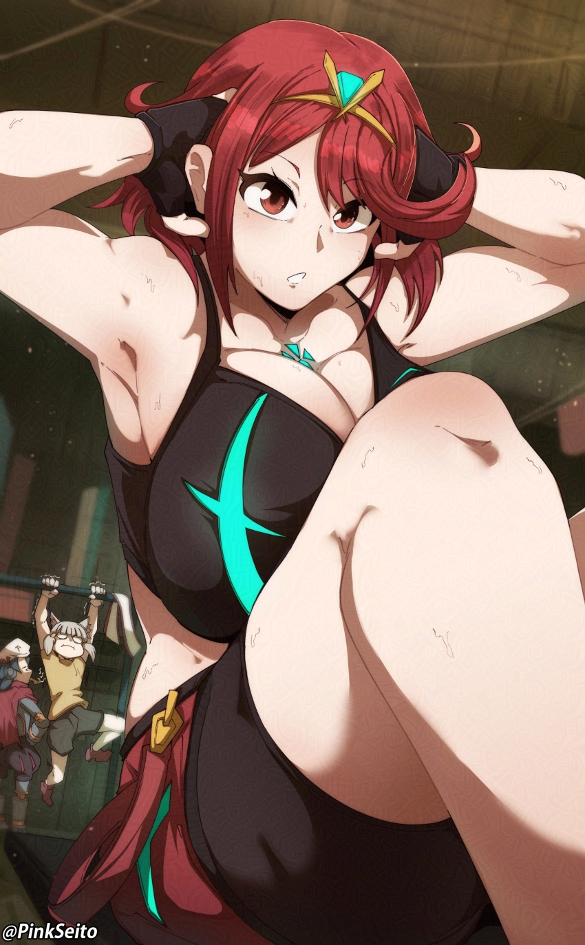 3girls absurdres android arms_behind_head bike_shorts black_gloves black_shorts black_sports_bra blowing_whistle breast_press breasts commentary core_crystal_(xenoblade) english_commentary exercising fingerless_gloves gloves grey_hair highres indoors large_breasts multiple_girls nia_(xenoblade) orphen_(pink_seito) poppi_(xenoblade) pullups purple_hair pyra_(xenoblade) red_eyes red_hair short_hair shorts sit-up sports_bra sweat swept_bangs tiara training xenoblade_chronicles_(series) xenoblade_chronicles_2