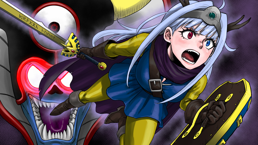 1girl absurdres black_boots blue_eyes blue_hair blue_tunic boots breasts circlet commentary_request cosplay dragon_quest dragon_quest_iii gowraith_(vtuber) hero_(dq3) hero_(dq3)_(cosplay) heterochromia highres holding holding_shield holding_sword holding_weapon indie_virtual_youtuber knee_boots long_hair medium_breasts monster open_mouth red_eyes sharp_teeth shield sword takayama_akira teeth tunic weapon zoma