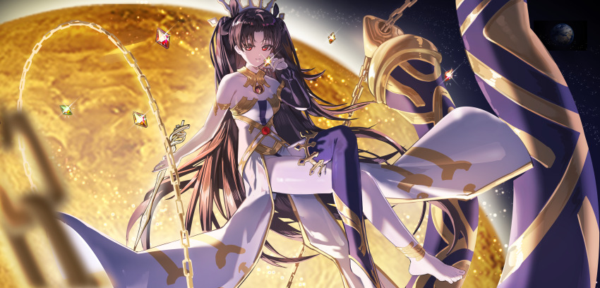 1girl absurdres bare_shoulders barefoot black_hair breasts earth_(planet) fate/grand_order fate_(series) highres ishtar_(fate) long_hair looking_at_viewer planet red_eyes shale smile twintails