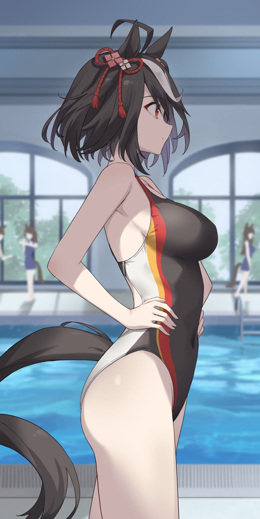 4girls ahoge animal_ears black_hair black_one-piece_swimsuit commentary_request competition_swimsuit cowboy_shot from_side hands_on_own_hips highres horse_ears horse_girl horse_tail indoors kitasan_black_(umamusume) kouhaku_nawa multicolored_hair multicolored_swimsuit multiple_girls one-piece_swimsuit pool profnote red_eyes rope shimenawa solo_focus streaked_hair swimsuit tail umamusume