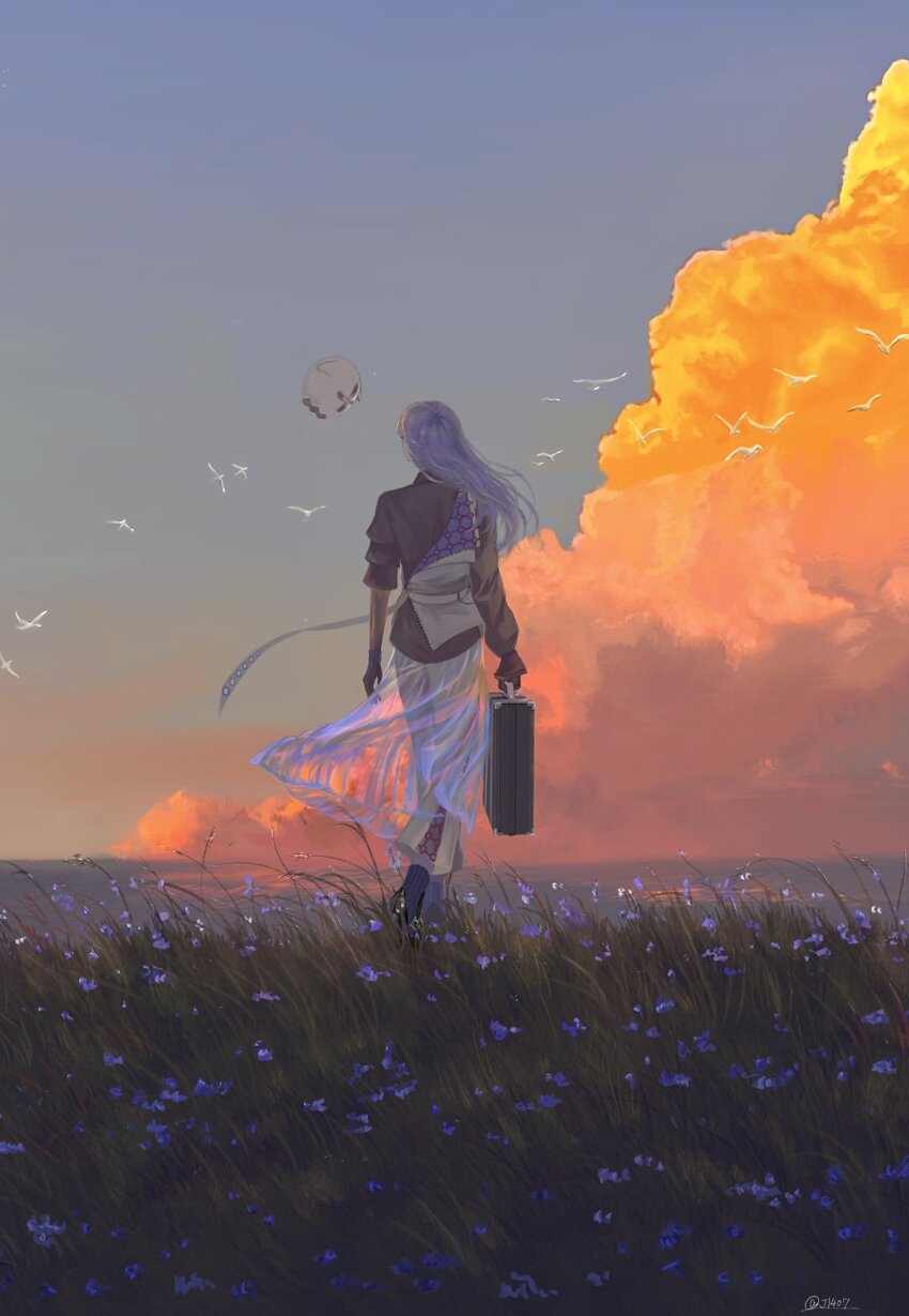1boy absurdres asymmetrical_sleeves bird black_gloves black_shirt black_shoes briefcase cloud flower from_behind gloves grass highres holding holding_briefcase hoshirube_sho j14o7 long_hair male_focus nijisanji otomo_(hoshirube_sho) outdoors pants pants_under_skirt purple_flower purple_hair purple_socks see-through_clothes see-through_skirt shirt shoes simple_bird simple_flower skirt sky socks solo standing sunset virtual_youtuber white_pants