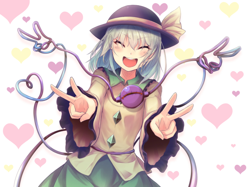 1girl :d ^_^ bad_id bad_pixiv_id black_hat closed_eyes commentary_request cowboy_shot double_v ears_visible_through_hair eyeball facing_viewer female_focus foreshortening frilled_shirt_collar frilled_sleeves frills green_skirt hat hat_ribbon heart heart_background heart_of_string highres komeiji_koishi long_sleeves looking_at_viewer nekomiyanono open_mouth quadruple_v ribbon shirt silver_hair skirt smile solo third_eye touhou v v_of_string wide_sleeves yellow_ribbon yellow_shirt
