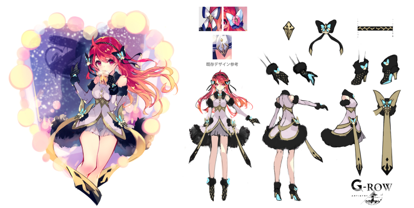 1girl ahoge black_gloves brown_hairband candle reference_sheet commentary_request cup dress drinking drinking_glass floating_hair from_side full_body g-row gloves grey_dress grey_skirt hair_between_eyes hairband hercule_(phantom_of_the_kill) highres holding holding_cup looking_at_viewer miniskirt official_alternate_costume official_art open_mouth phantom_of_the_kill pleated_skirt red_eyes red_hair second-party_source sitting skirt standing straight-on windowsill