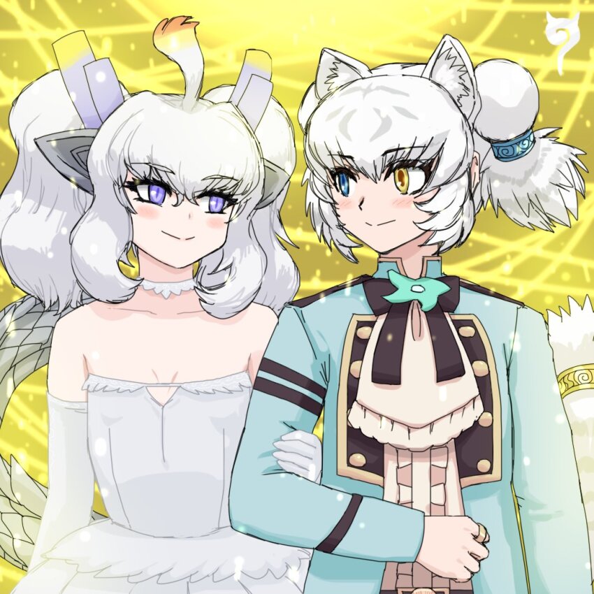 animal_ears blue_eyes byakko_(kemono_friends) dragon_ears dragon_girl dragon_horns dragon_tail dress ear_tufts extra_ears flat_chest formal_clothes frills fur-tipped_tail grey_hair hair_between_eyes heterochromia horns japari_symbol kemono_friends kemono_friends_3 kusamogura long_hair long_sleeves long_tail multicolored_hair multicolored_horns multiple_girls purple_eyes purple_horns smile suit tail tiger_ears tiger_girl tiger_tail white_dragon_(kemono_friends) white_dress white_hair white_tiger_print yellow_eyes yellow_horns yuri