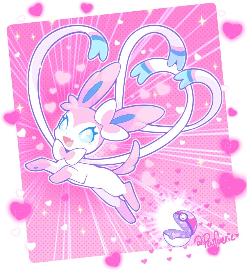 :d artist_name blue_eyes blush border bright_pupils commentary emphasis_lines english_commentary eyelashes fang game_freak gen_6_pokemon heart highres looking_at_viewer love_ball nintendo no_humans open_mouth open_poke_ball outside_border parfaerie pink_background poke_ball pokemon pokemon_(creature) polka_dot polka_dot_background simple_background skin_fang smile solo sparkle sylveon twitter_username white_border white_pupils
