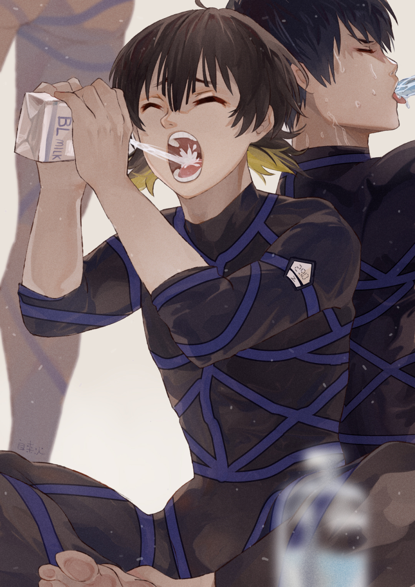 3boys ass bachira_meguru black_hair blonde_hair blue_lock blue_lock_bodysuit bottle commentary_request highres holding holding_milk_carton isagi_yoichi male_focus milk_carton multicolored_hair multiple_boys open_mouth sexually_suggestive short_hair sitting standing sweat teeth tongue two-tone_hair water_bottle zilaihuoye