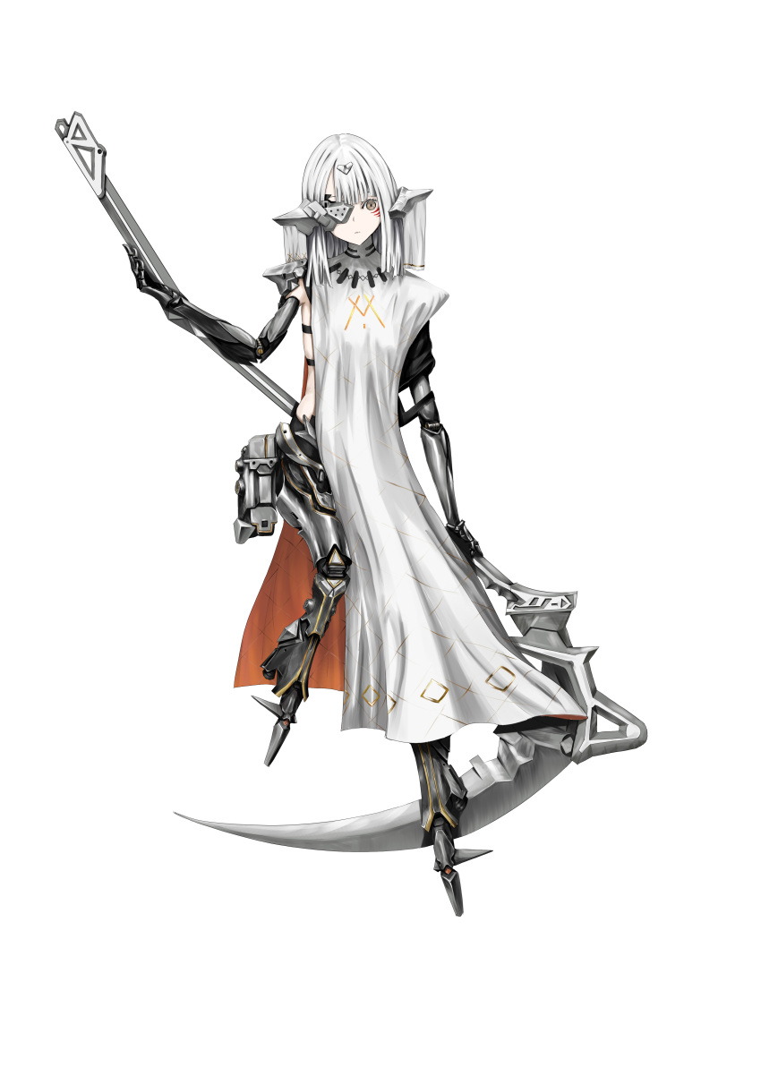 1girl absurdres alina_(girls&#039;_frontline) blunt_bangs brown_eyes closed_mouth commentary eyepatch facial_mark full_body girls&#039;_frontline hair_ornament headgear highres holding holding_scythe joints lanmao119 long_hair looking_at_viewer mechanical_arms mechanical_legs metal_eyepatch no_feet nyto_(girls&#039;_frontline) paradeus robot_joints scapular scythe simple_background solo weapon white_background white_hair white_scapular