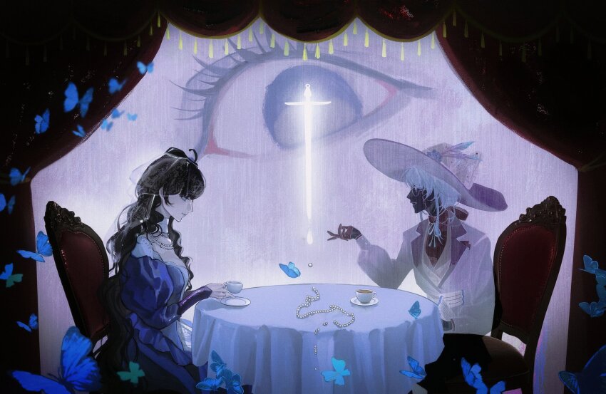 2girls black_hair black_hat blue_butterfly bug butterfly closed_eyes cup curtains dress eye_focus eyewear_strap from_side gem glasses gloves hand_up hat hat_feather highres holding holding_cup holding_saucer insect inverted_colors isolde_(reverse:1999) jacket juliet_sleeves kakania_(reverse:1999) long_hair long_sleeves looking_at_another multiple_girls neck_ribbon on_chair pakkan pearl_(gemstone) picture_hat profile puffy_long_sleeves puffy_sleeves purple_background purple_dress purple_theme reverse:1999 ribbon round_eyewear round_table saucer see-through_clothes see-through_veil sitting smile sword table tablecloth talking teacup too_many too_many_butterflies upper_body veil wavy_hair weapon