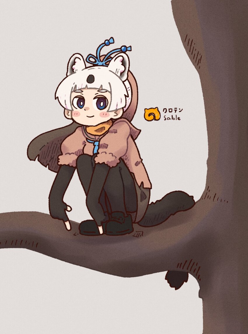 1girl animal_ears black_eyes black_shoes brown_hair elbow_gloves extra_ears gloves grey_background grey_hair highres jacket kemono_friends long_hair looking_at_viewer multicolored_hair necktie pantyhose ponytail ribbon sable_(kemono_friends) sailor_collar scarf shoes simple_background skirt solo sorairo_meronpan tail tree two-tone_hair