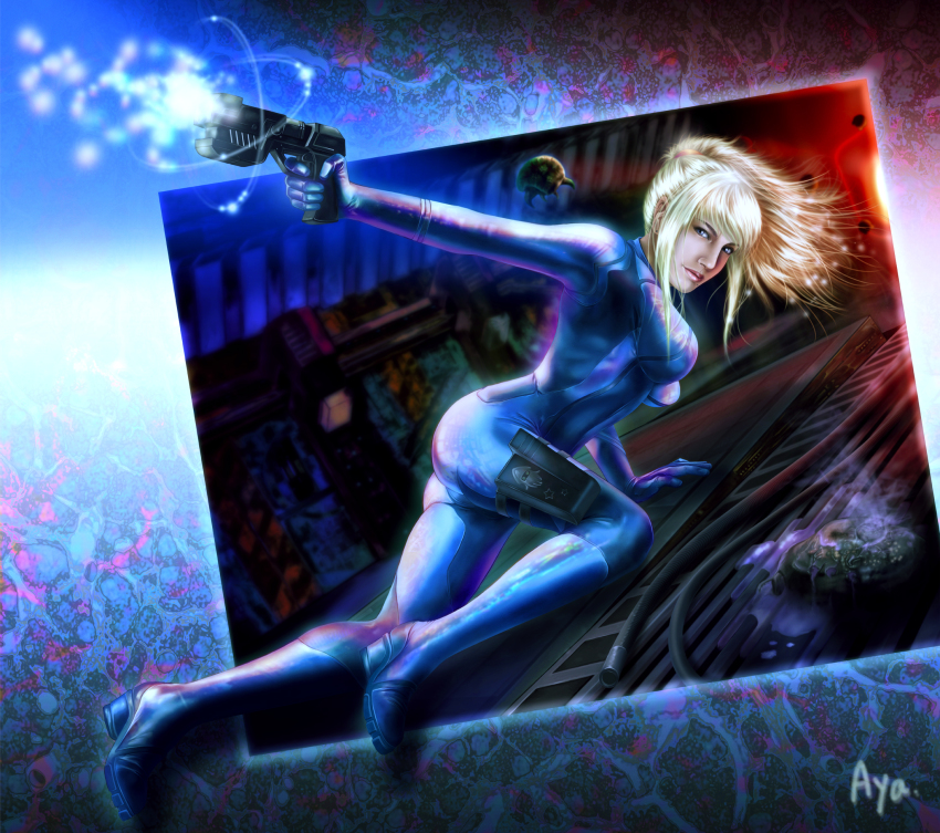 1girl alien ass ayatonas blonde_hair blooper_(mario) blue_eyes bodysuit breasts crossover female_focus gun highres lips long_hair mario_(series) metroid metroid_(creature) metroid_larva nintendo nose ponytail realistic samus_aran science_fiction signature solo squid super_mario_bros._1 weapon zero_suit