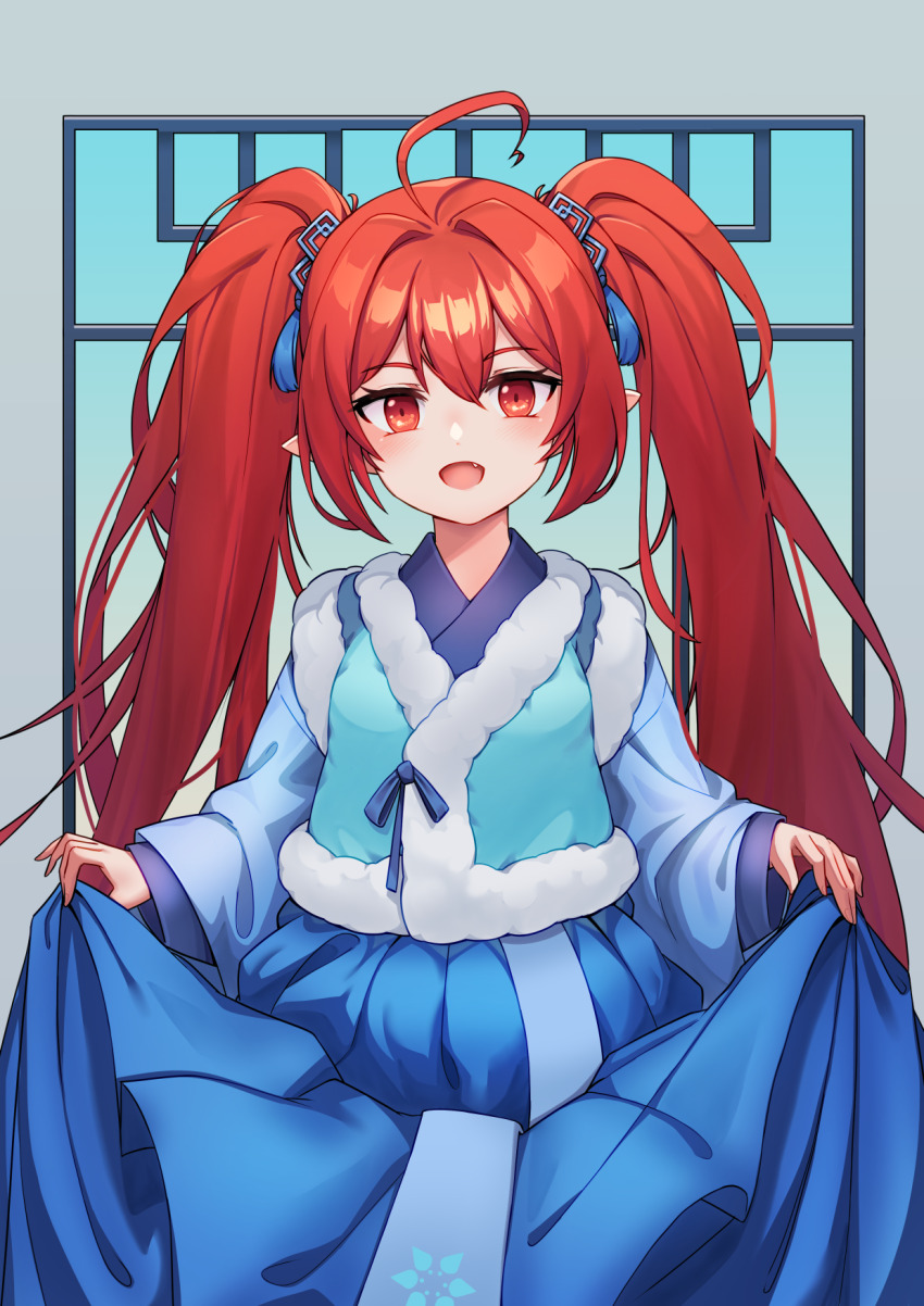 1girl :d ahoge curtsey dungeon_and_fighter female_mage_(dungeon_and_fighter) hanbok highres indoors kopeolgi korean_clothes long_hair looking_at_viewer open_mouth pointy_ears red_eyes red_hair skirt_hold smile standing twintails very_long_hair window
