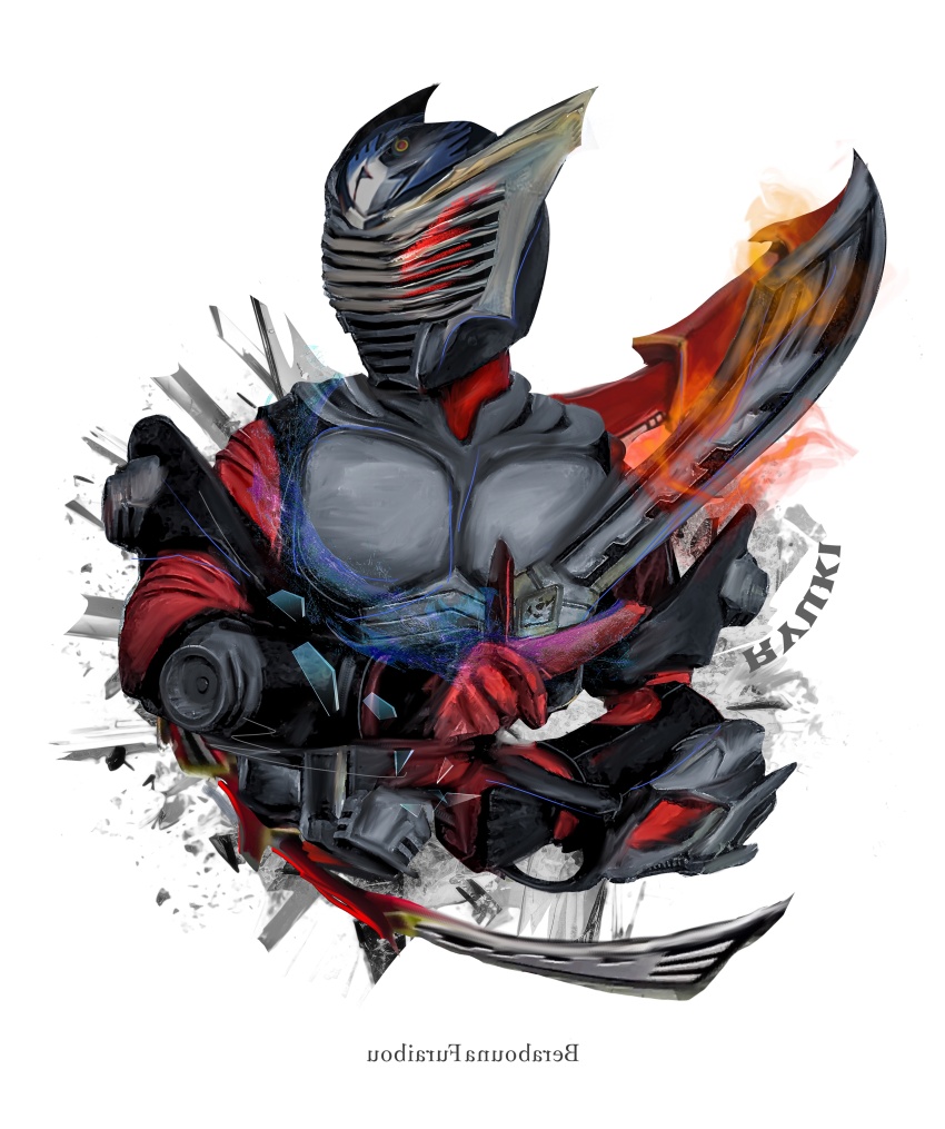 1boy absurdres armor bodysuit helmet highres holding holding_sword holding_weapon kamen_rider kamen_rider_ryuki kamen_rider_ryuki_(series) male_focus mirrored_text obakelope0530 power_armor red_bodysuit simple_background solo sword upper_body weapon white_background