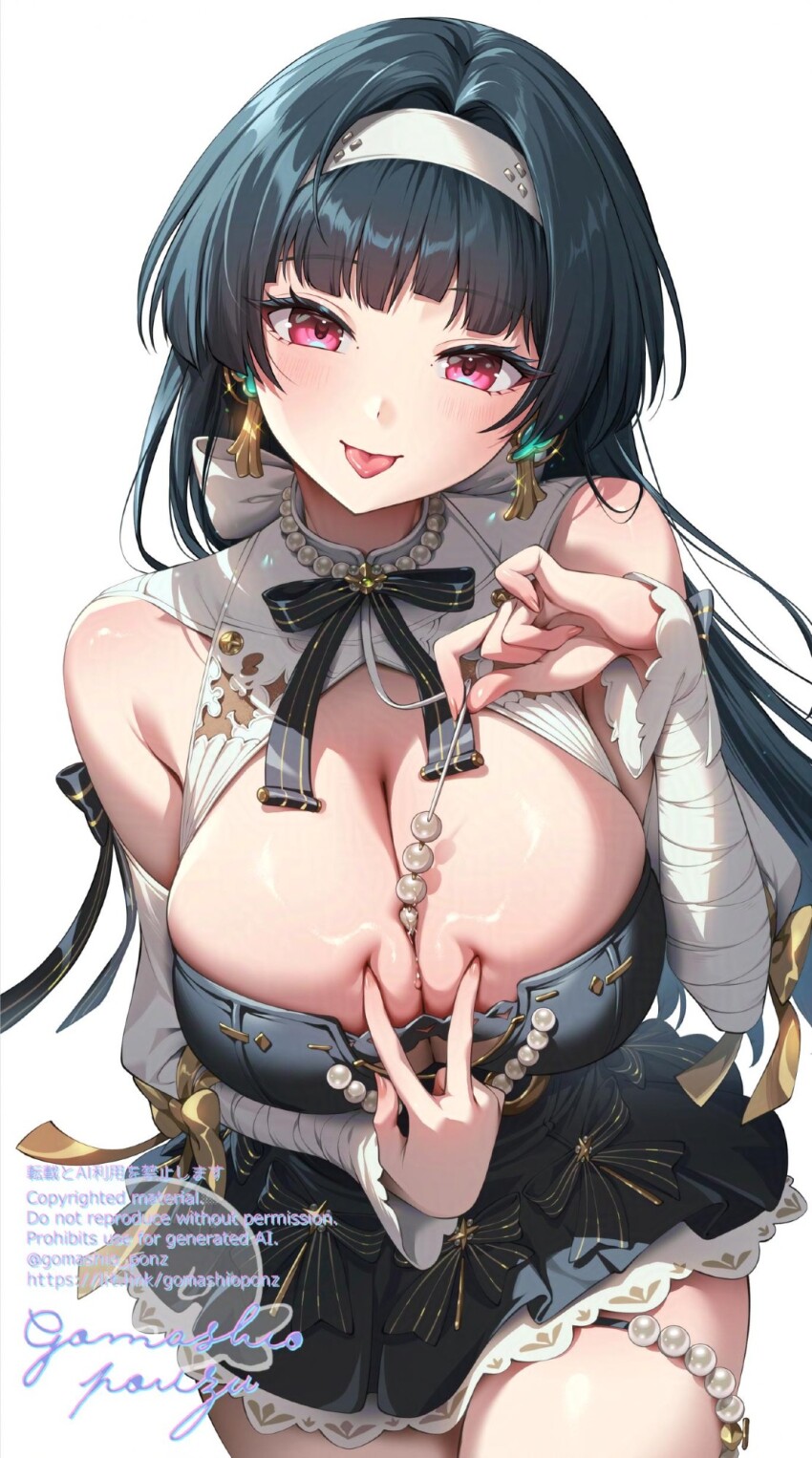 1girl armpit_crease astra_yao astra_yao_(chandelier) bare_shoulders bead_necklace beads between_breasts black_hair black_skirt bow breasts cleavage closed_mouth dango detached_sleeves dress earrings fingernails food gomashio_ponz hair_intakes hairband hand_up headband highres jewelry large_breasts long_hair long_sleeves looking_at_viewer neck_ribbon necklace official_alternate_costume red_eyes ribbon simple_background skirt smile solo tongue tongue_out upper_body wagashi white_background white_bow white_dress white_hairband white_headband zenless_zone_zero