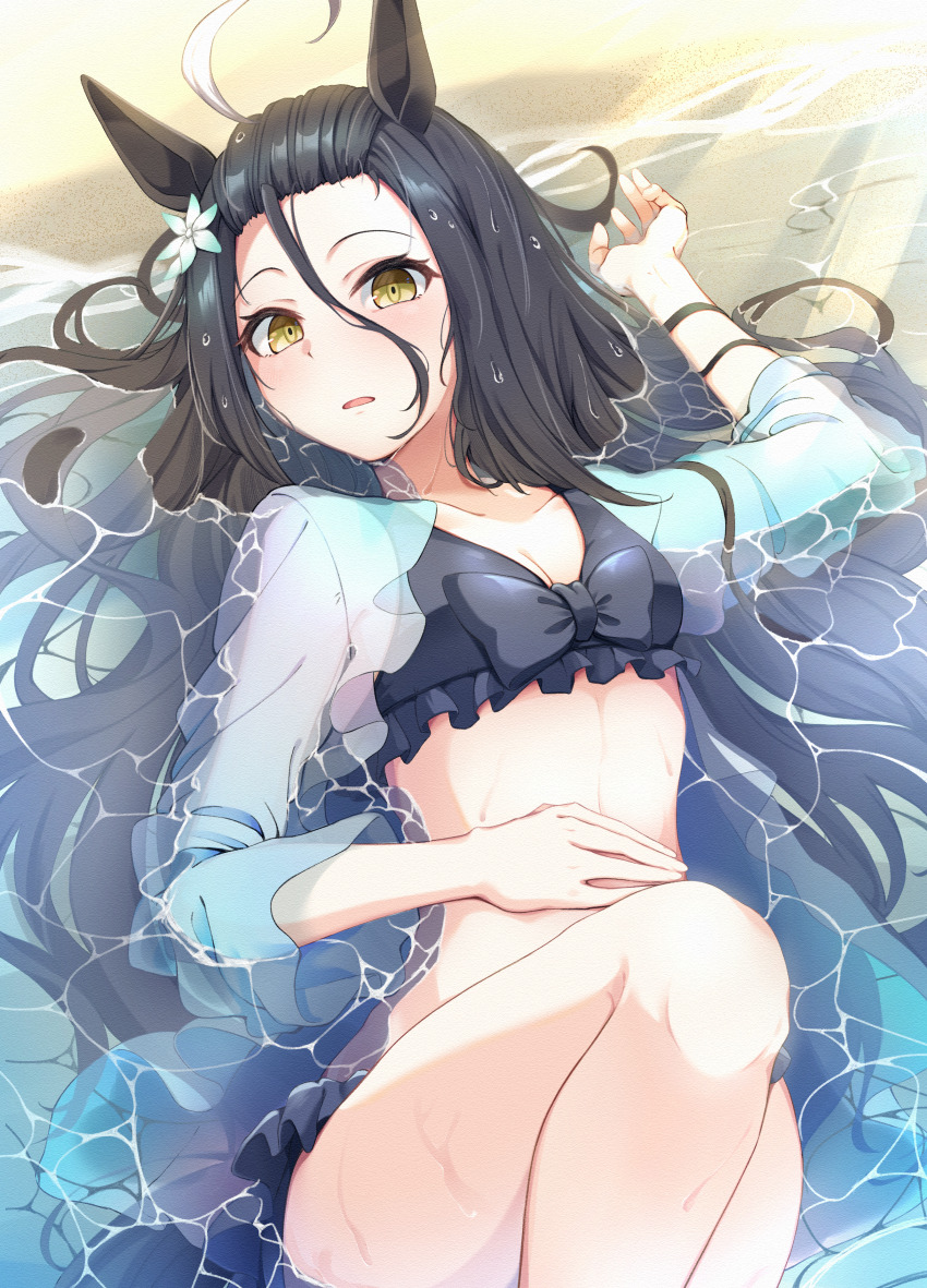 1girl absurdres ahoge animal_ears beach bikini black_bikini black_hair breasts cleavage day ear_flower hair_between_eyes heisan777 highres horse_ears horse_girl horse_tail jacket knee_up long_hair looking_at_viewer lying manhattan_cafe_(the_bubbles_that_i_see_with_you)_(umamusume) manhattan_cafe_(umamusume) multicolored_hair ocean official_alternate_costume official_alternate_hairstyle on_back open_mouth outdoors sand see-through_clothes see-through_jacket small_breasts solo swimsuit tail umamusume water wet white_hair yellow_eyes