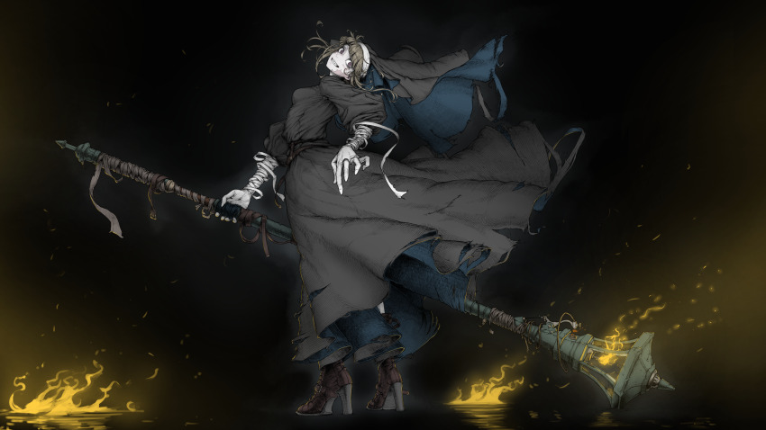 1girl absurdres antique_firearm bandaged_arm bandages black_background black_dress blonde_hair boots breasts commentary_request dress fire firearm firelock full_body grin gun head_tilt high_heel_boots high_heels highres holding holding_weapon lantern looking_at_viewer matchlock mji_(emucchi) nun original pale_skin purple_eyes small_breasts smile solo teeth weapon