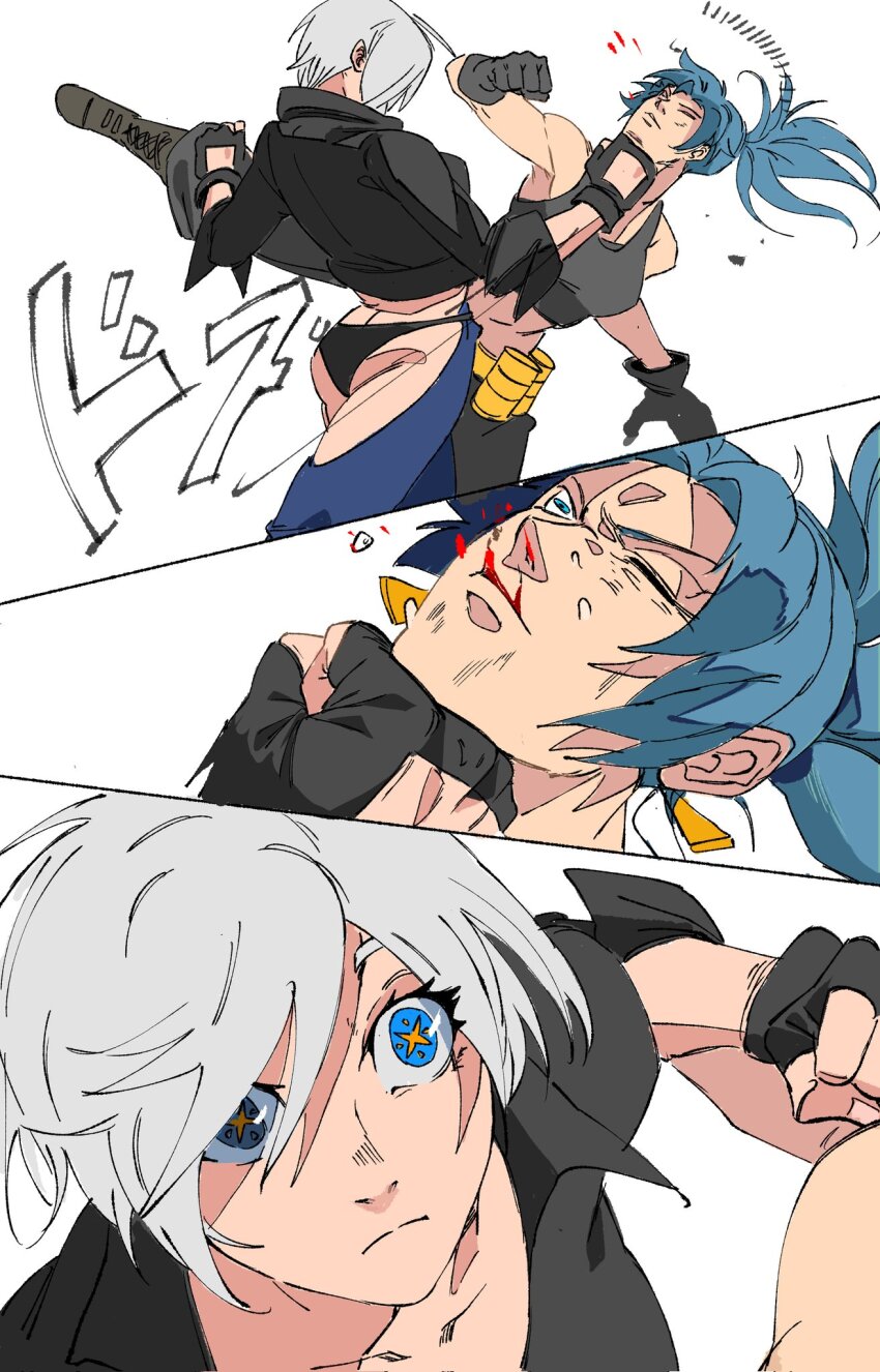 angel_(kof) arm_pouch backless_pants biceps black_tank_top blue_eyes blue_hair bra breasts camouflage camouflage_pants cargo_pants chaps cleavage crop_top cropped_jacket dog_tags earrings fingerless_gloves gloves hair_over_one_eye highres jacket jewelry large_breasts leather leather_jacket leona_heidern midriff muscular muscular_female navel panties pants ponytail rappel6730 short_hair snk soldier strapless strapless_bra tank_top the_king_of_fighters the_king_of_fighters_xiv toned toned_female triangle_earrings underwear white_hair