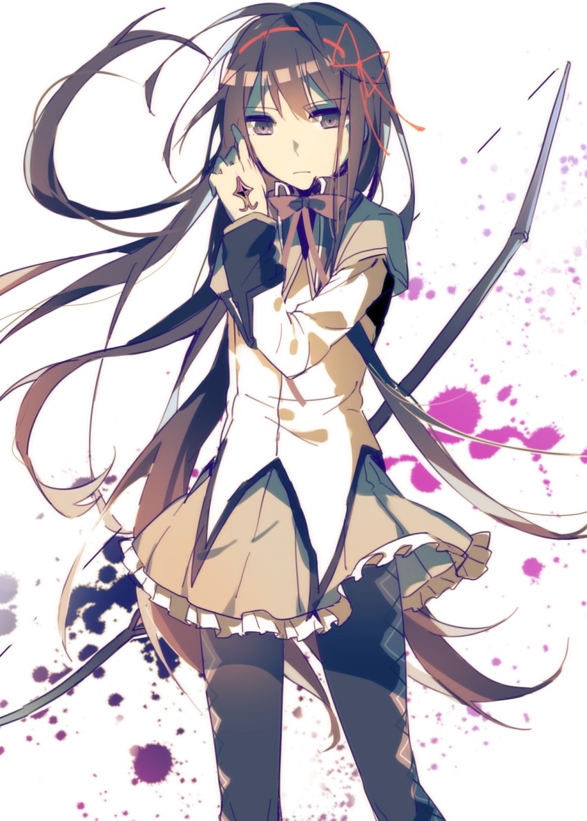 10s 1girl akemi_homura akemi_homura_(magical_girl) black_hair bow_(weapon) female_focus hair_ribbon highres long_hair looking_at_viewer magical_girl mahou_shoujo_madoka_magica mahou_shoujo_madoka_magica_(anime) pantyhose purple_eyes ribbon simple_background skirt solo very_long_hair weapon zgxuke