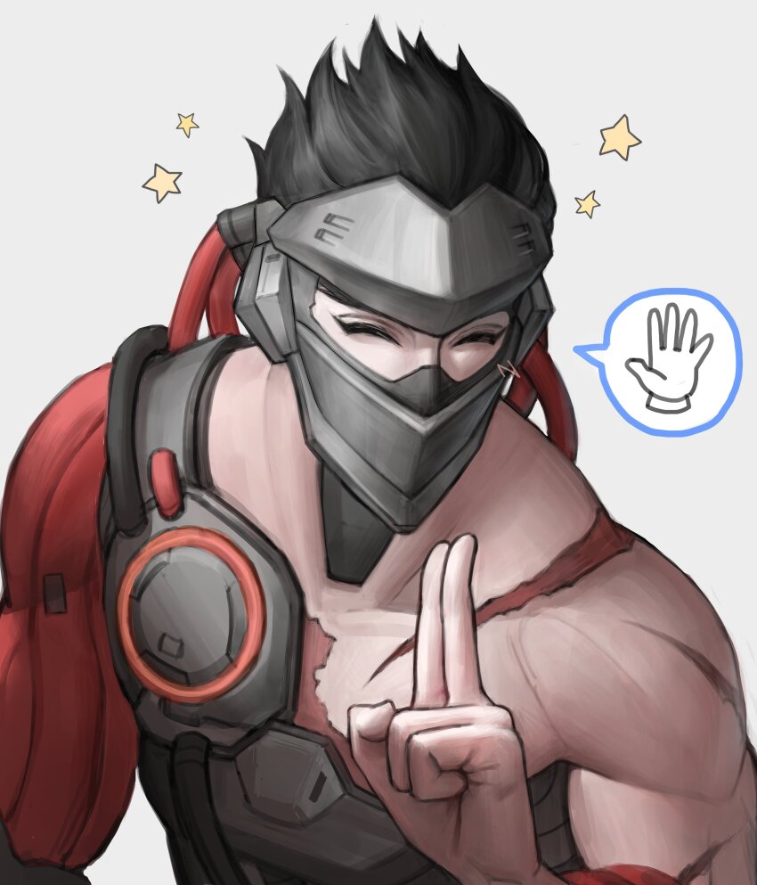 1boy absurdres arm_up black_hair blackwatch_genji closed_eyes commentary_request cyborg forehead_protector genji_(overwatch) hair_slicked_back highres image_in_speech_bubble kuji-in male_focus mask overwatch overwatch_1 prosthesis prosthetic_arm scar scar_on_arm scar_on_shoulder short_hair simple_background solo speech_bubble star_(symbol) tnd4015 tube upper_body white_background
