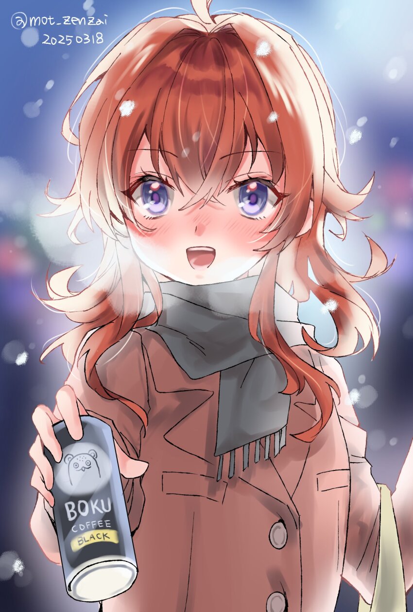 1girl ahoge alternate_costume arashi_(kancolle) blue_eyes breasts breath brown_coat can canned_coffee coat commentary_request dated drink_can grey_scarf highres kantai_collection medium_breasts mot_zenzai one-hour_drawing_challenge scarf sidelocks smile snow solo twitter_username upper_body