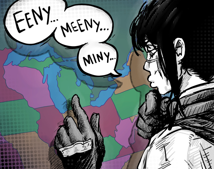 1girl absurdres cape chainsaw_man facial_scar gloves highres long_hair map partially_colored scar scar_on_cheek scar_on_face scar_on_nose sharpski shirt solo speech_bubble united_states yoru_(chainsaw_man)