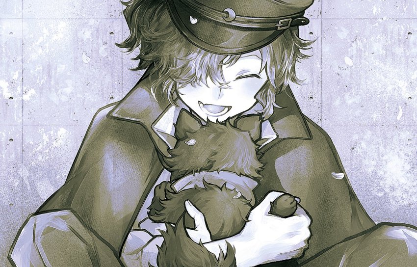 1boy animal animalization black_fur black_hair closed_eyes commentary dog fate/grand_order fate/type_redline fate_(series) hair_over_one_eye hat holding honi_(ohohoni) hug japanese_clothes kimono koha-ace long_hair long_sleeves male_focus monochrome okada_izou_(dog)_(fate) okada_izou_(fate) pomeranian_(dog) ponytail scarf smile solo