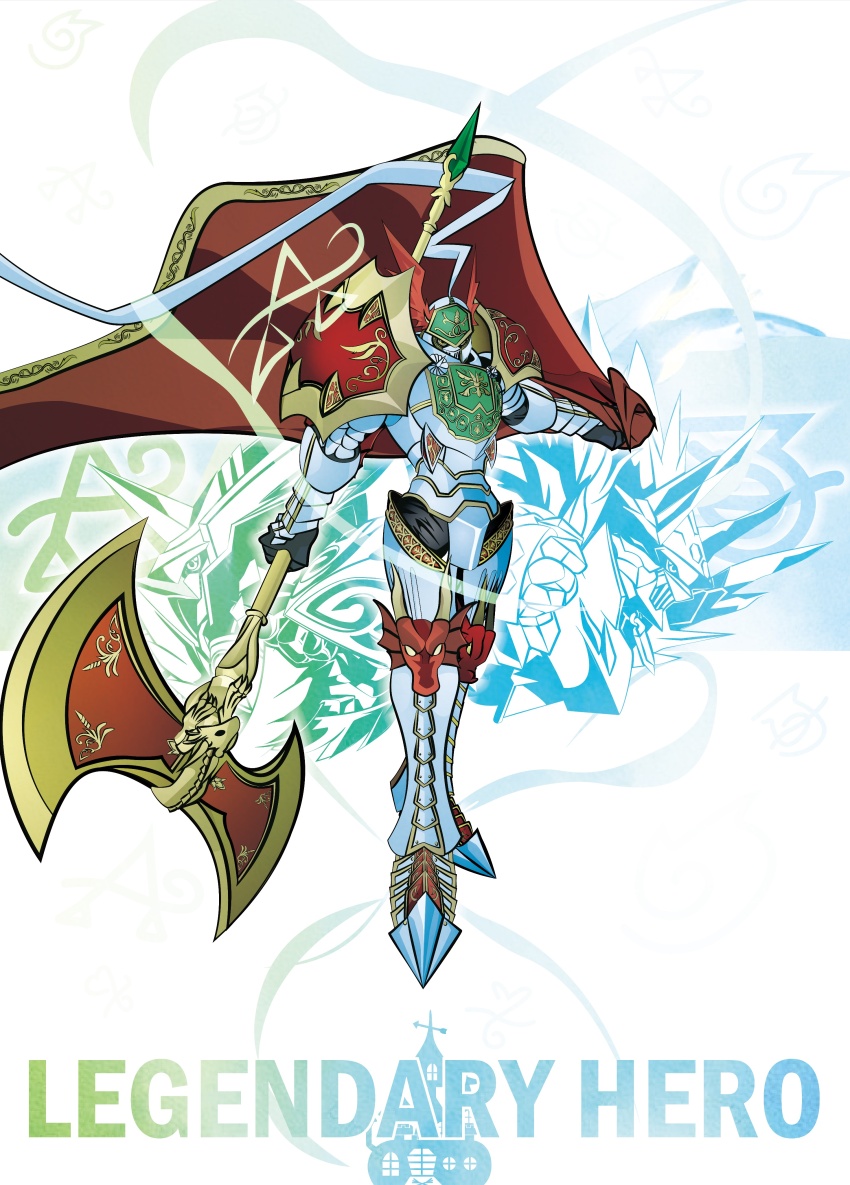 absurdres armor bardiche_(weapon) cape digimon digimon_(creature) english_text full_body hexeblaumon highres holding holding_polearm holding_weapon knight medievaldukemon polearm red_cape shoulder_armor simple_background solo_focus tai_(cheungsk1213) weapon white_armor white_background zephagamon