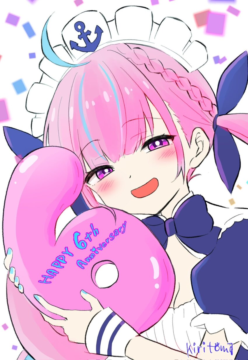 1girl :d ahoge anchor anniversary blue_bow blue_dress blue_hair blue_nails blue_ribbon blush bow breasts cleavage commentary_request confetti dress hair_ribbon half-closed_eyes highres holding hololive kiritoma looking_at_viewer maid_headdress medium_breasts minato_aqua minato_aqua_(1st_costume) multicolored_hair nail_polish open_mouth pink_hair puffy_short_sleeves puffy_sleeves purple_eyes ribbon short_sleeves signature simple_background smile solo streaked_hair twintails upper_body virtual_youtuber white_background wrist_cuffs