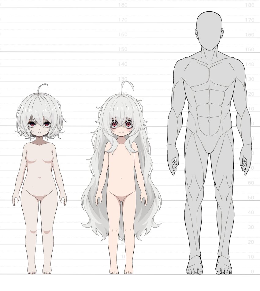 1boy 2girls absurdres ahoge bags_under_eyes breasts completely_nude eha7y hair_between_eyes height_chart highres long_hair mannequin messy_hair multiple_girls navel no_nipples no_pussy nude original petite red_eyes short_hair small_breasts wasabi-chan_(eha7y) white_hair