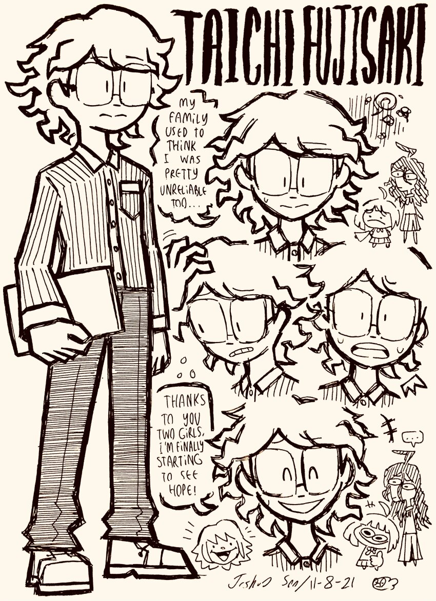 ... 2boys 2girls absurdres ahoge breast_pocket buttons character_name closed_eyes closed_mouth collared_shirt danganronpa_(series) danganronpa_another_episode:_ultra_despair_girls dated doodle_inset english_text fang flying_sweatdrops frown fujisaki_chihiro fujisaki_taichi fukawa_toko full_body glasses greyscale hatching_(texture) highres holding holding_megaphone josh-s26 long_hair long_sleeves male_focus megaphone monochrome multiple_boys multiple_girls multiple_views naegi_komaru open_mouth pants pocket shirt shoes short_hair signature simple_background smile speech_bubble spoken_ellipsis squiggle standing sweat sweatdrop teeth upper_teeth_only white_background