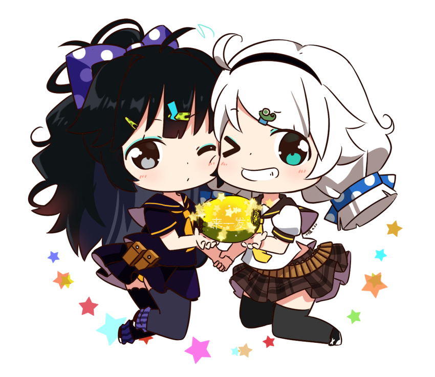 2girls benghuai_xueyuan black_eyes black_hair black_legwear black_shirt black_skirt blue_eyes brown_skirt chibi closed_mouth full_body grin highres holding_hands honkai_(series) honkai_impact_3rd kexi_shi_ge_hentai kiana_kaslana looking_at_viewer makeup multiple_girls one_eye_closed raiden_mei school_uniform shirt simple_background skirt smile teeth thighhighs white_background white_hair white_shirt