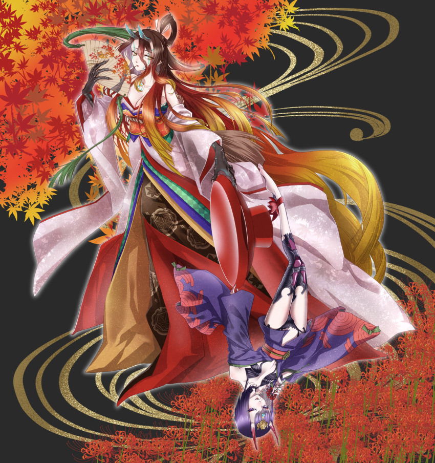 2girls ankle_ribbon bare_shoulders bob_cut breasts brown_hair caughen claws cleavage collarbone cup detached_leggings detached_sleeves eyeliner fate/grand_order fate/requiem fate_(series) flower folding_fan gradient_hair hair_between_eyes hand_fan headpiece highres horns japanese_clothes kijo_kouyou_(fate) kijo_kouyou_(third_ascension)_(fate) kimono large_breasts leaf leg_ribbon long_hair long_sleeves looking_at_viewer makeup maple_leaf multicolored_hair multiple_girls off_shoulder oni open_mouth orange_hair oversized_object ponytail purple_eyes purple_hair purple_kimono red_ribbon revealing_clothes ribbon rope sakazuki sash short_hair short_kimono shuten_douji_(fate) skin-covered_horns sleeveless sleeveless_kimono slit_pupils small_breasts smile spider_lily very_long_hair white_kimono wide_sleeves yellow_eyes