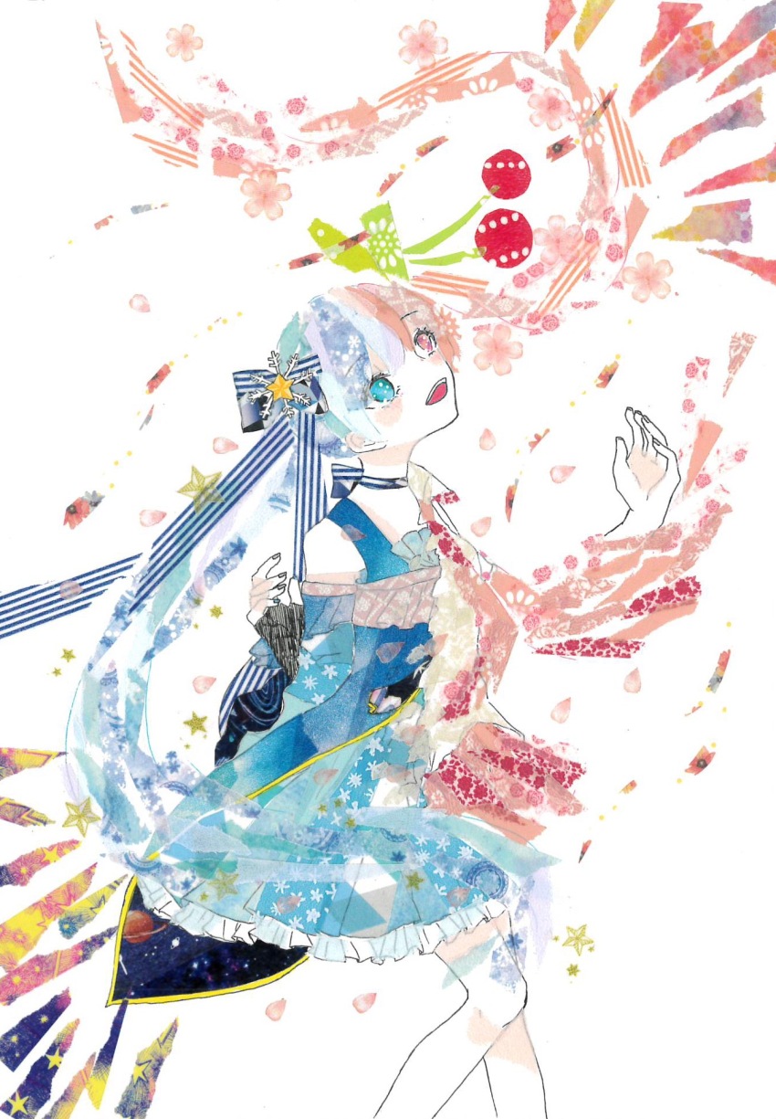 1girl 922pochan :d abstract asymmetrical_clothes black_gloves blue_cape blue_choker blue_dress blue_eyes blue_hair blue_ribbon blush cape cherry_hair_ornament choker collared_shirt commentary_request dress feet_out_of_frame fingerless_gloves floating_hair flower food-themed_hair_ornament frilled_dress frills gloves hair_between_eyes hair_ornament hair_ribbon hands_up hatsune_miku heterochromia highres looking_up masking_tape_(medium) mixed_media necktie open_mouth pink_eyes pink_flower pink_hair pink_necktie pink_shirt pink_skirt ribbon sakura_miku shirt sidelocks single_bare_shoulder skirt smile solo split_theme standing standing_on_one_leg star_(symbol) star_hair_ornament teeth traditional_media twintails unconventional_media upper_teeth_only vocaloid white_background yuki_miku yuki_miku_(2017)