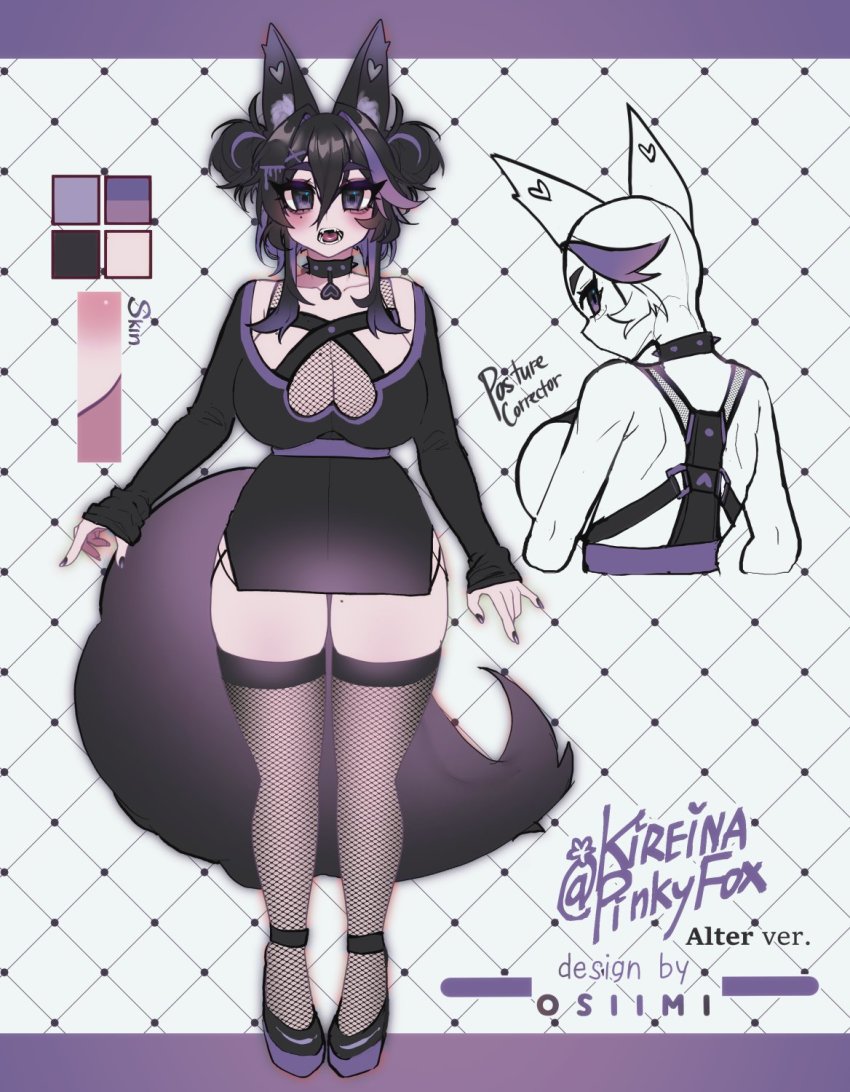 1girl alternate_color alternate_costume animal_ears back bags_under_eyes black_hair breasts reference_sheet choker cleavage collar curvy fictional_persona fishnets fox_ears fox_girl fox_tail goth_fashion hair_bun harness highres huge_breasts indie_virtual_youtuber kireina_(osiimi) miniskirt mole mole_under_eye multicolored_hair osiimi pale_skin posture_collar purple_hair single_hair_bun skirt spiked_collar spikes streaked_hair tail thick_thighs thighhighs thighs virtual_youtuber