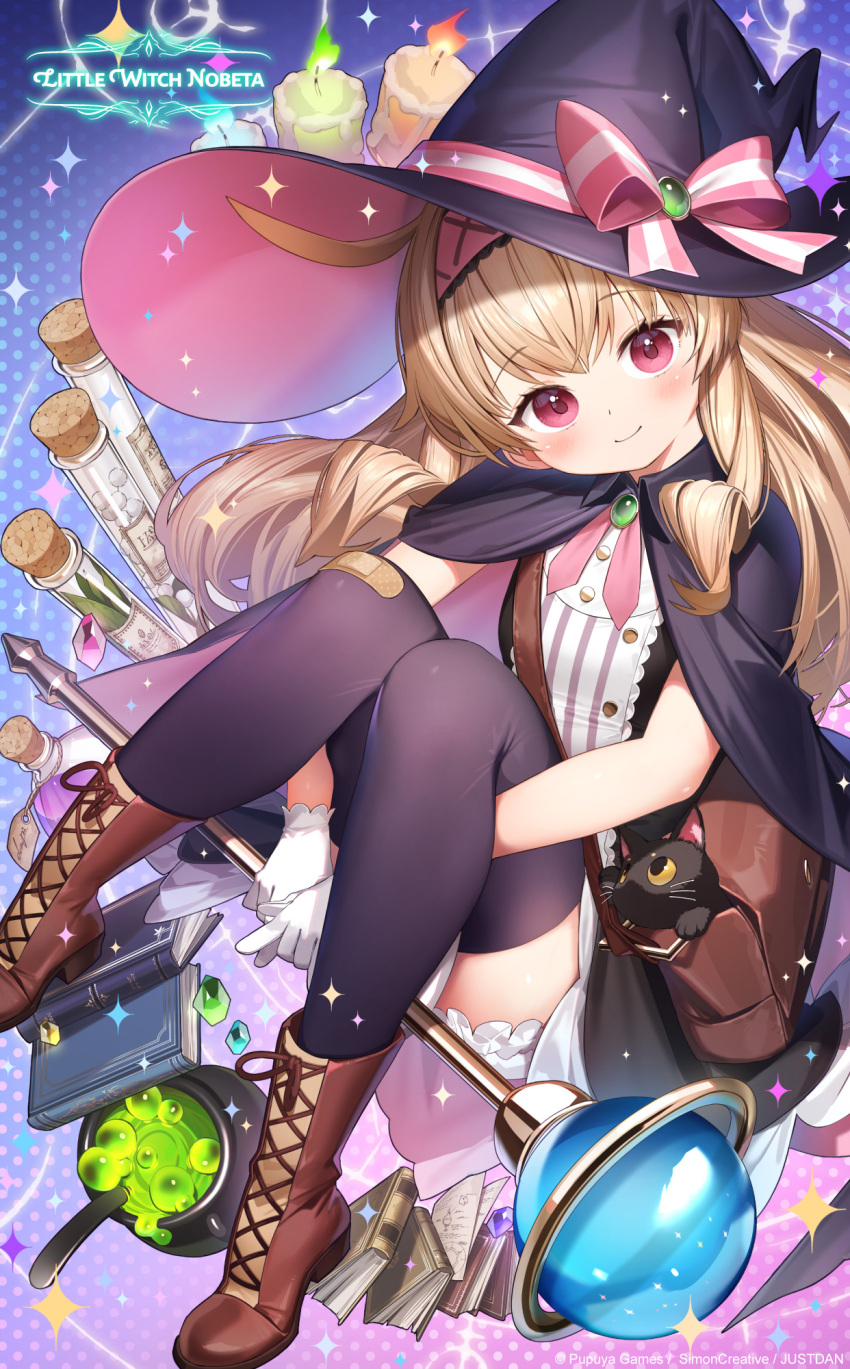 1girl blonde_hair blush boots brown_boots cape closed_mouth company_name copyright_name copyright_notice flat_chest full_body gloves hairband hat hat_ribbon highres lace-up_boots light_smile little_witch_nobeta logo long_hair looking_at_viewer nobeta nobeta_(witch_skin) official_art phyllis_(cat)_(little_witch_nobeta) phyllis_(little_witch_nobeta) purple_cape purple_thighhighs red_eyes red_hairband ribbon ryota_(ry_o_ta) sitting solo thighhighs very_long_hair white_gloves witch_hat zettai_ryouiki