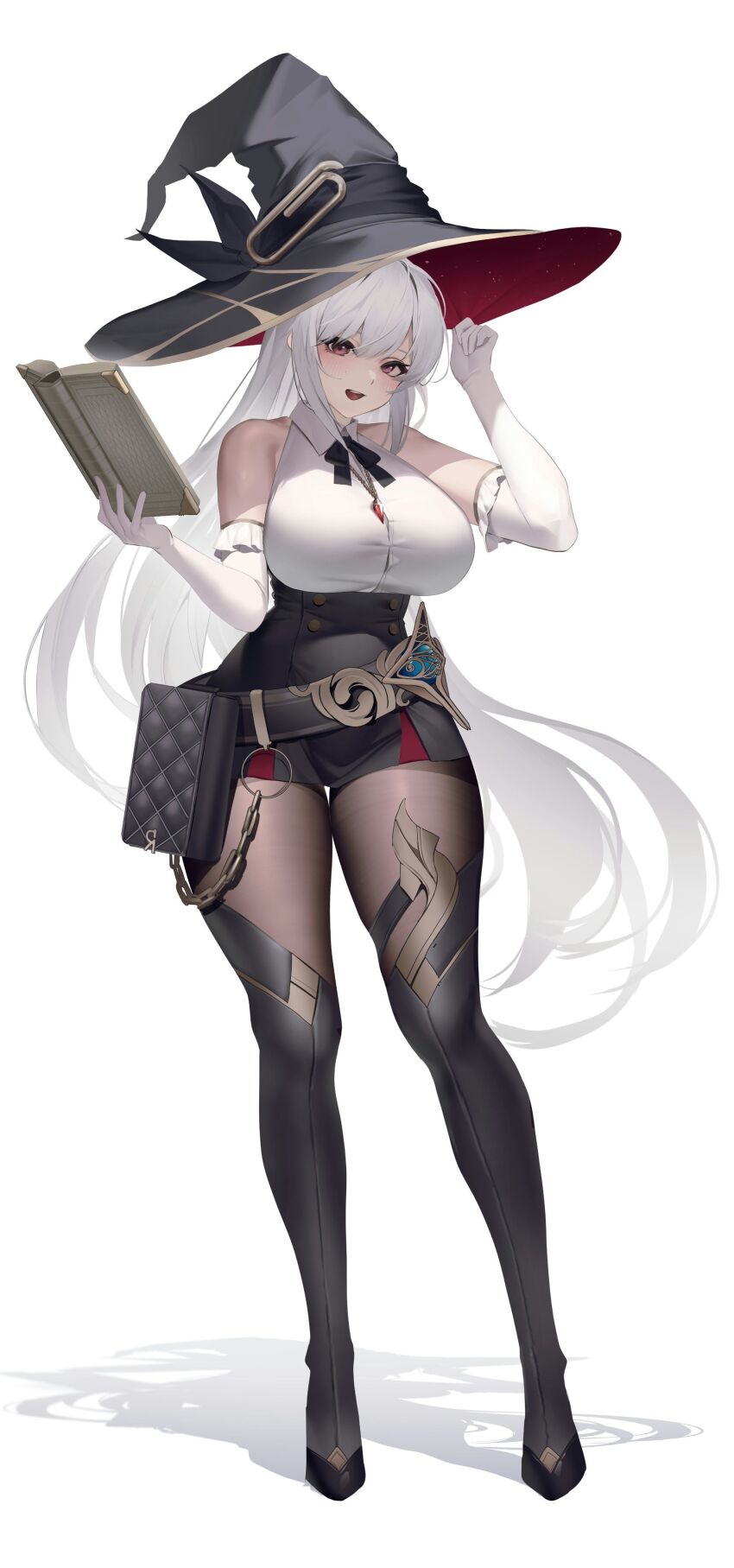1girl absurdres bare_shoulders belt belt_pouch black_boots black_hat black_skirt black_thighhighs book boots breasts brown_pantyhose collared_shirt commission elbow_gloves full_body gloves hand_up hat high-waist_skirt highres holding holding_book jewelry large_breasts long_hair looking_at_viewer loose_belt miniskirt neck_ribbon necklace nine_(kanine41) open_mouth original pantyhose pencil_skirt pouch red_eyes ribbon ryus_(ordinaryuzu) second-party_source shirt simple_background skirt sleeveless sleeveless_shirt smile solo standing thigh_boots thighhighs very_long_hair white_background white_gloves white_hair white_shirt witch_hat