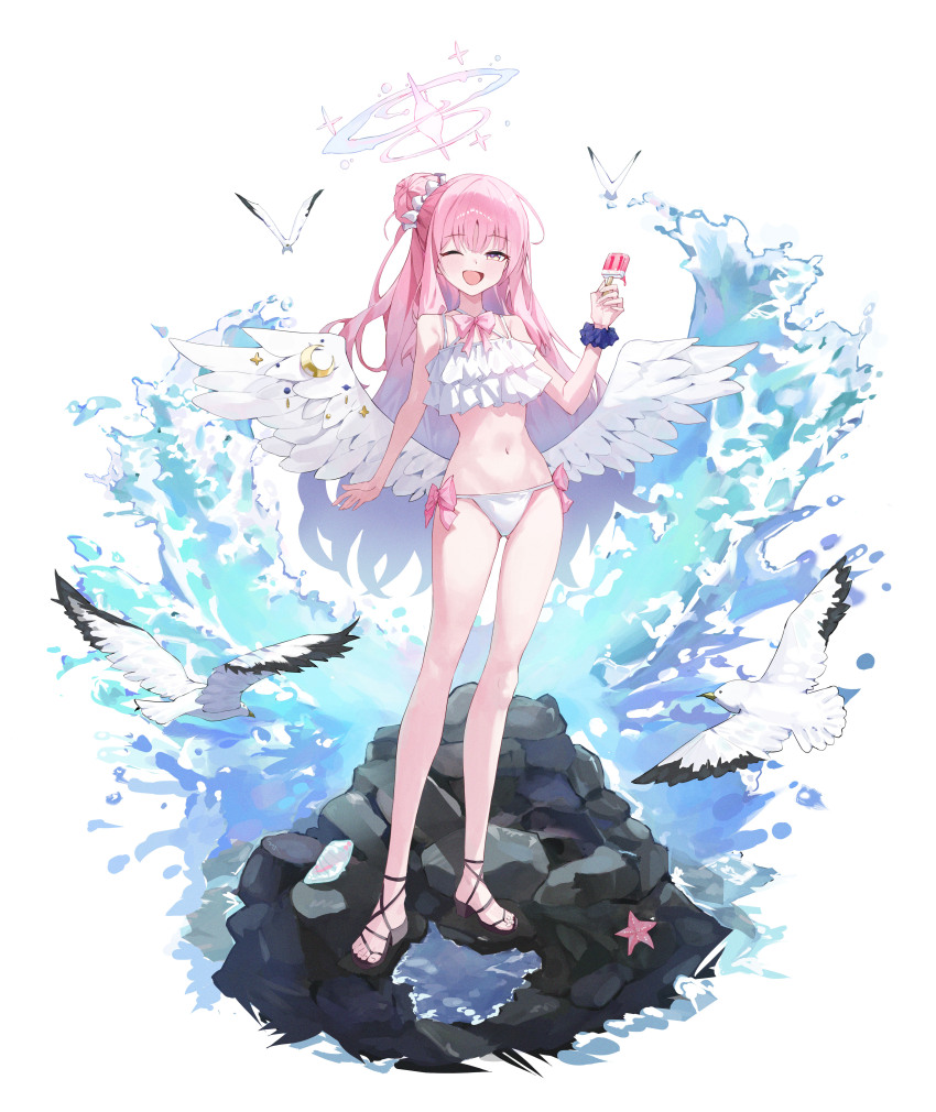 1girl absurdres angel_wings bikini bird blue_archive bow crescent_moon feathered_wings food frilled_bikini frills full_body hair_ornament halo highres holding holding_food holding_popsicle long_hair looking_at_viewer melting_popsicle mika_(blue_archive) moly_(molyy0218) moon navel one_eye_closed open_mouth pink_bow pink_hair popsicle rock ruffle_bikini sandals scrunchie seagull simple_background solo starfish swimsuit very_long_hair water waves white_background white_bikini wings wrist_scrunchie